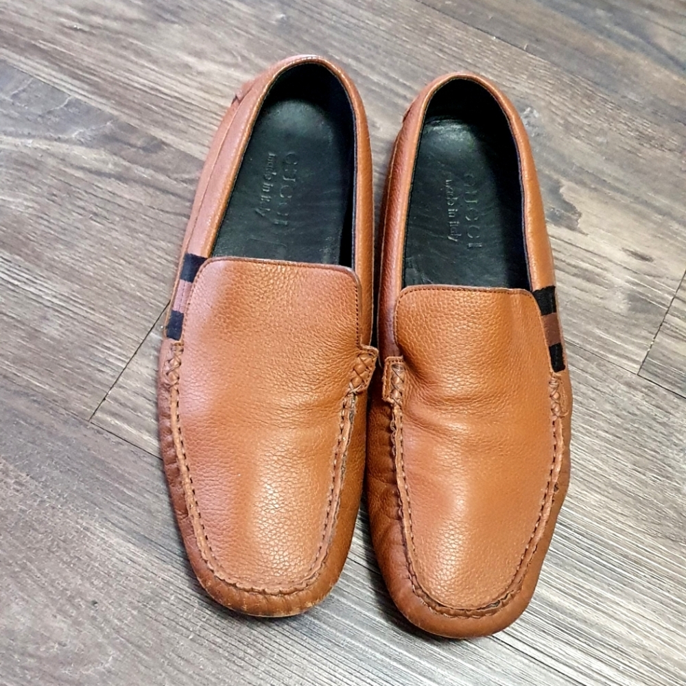 GUCCI Men's tan Leather Loafer Moccasin Web 6.5